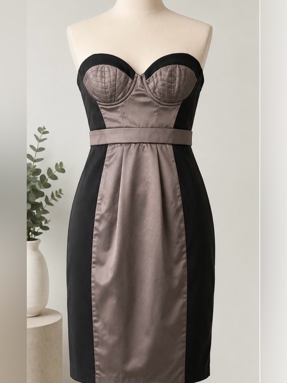 Strapless Colorblock Satin Sheath Dress in Taupe/Purple and Black